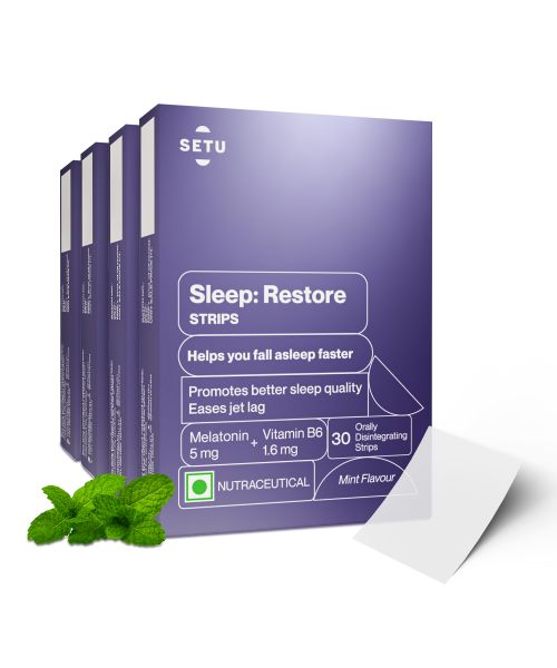 SETU: Sleep Restore Melatonin 5mg - 30 Orally Dissolving Strips (Pack of 4) | Plant Based 5 mg Melatonin | Promotes Relaxation & Sleep, Eases Jet Lag Strain, Non-Habit Forming | Tasty Mint Flavor