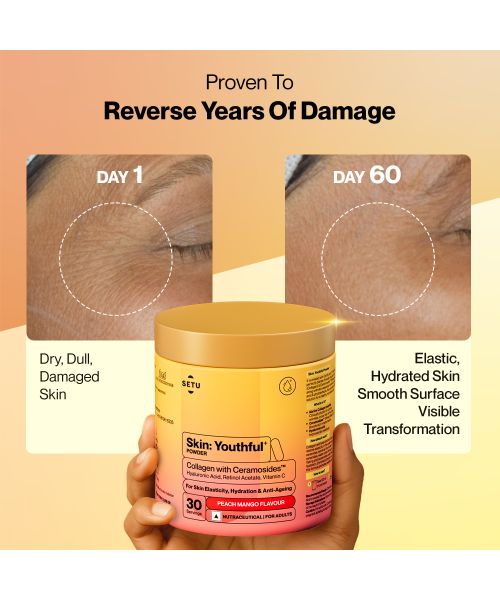 SETU: Youthful with 8g Marine Collagen + Ceramosides™ for 4X Faster Hydration | Supplement to Reduce Wrinkles, Fine Lines & Support Healthy Skin | Collagen Powder For Women & Men | (60 Servings)