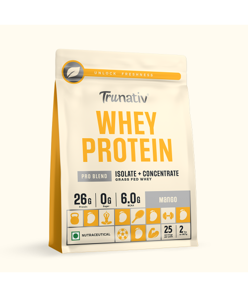 TruNativ: Whey protein powder | Blend with Isolate and Concentrate | 26g Protein | 6g BCAA | No added Sugar | Mango (907g / 2lbs)