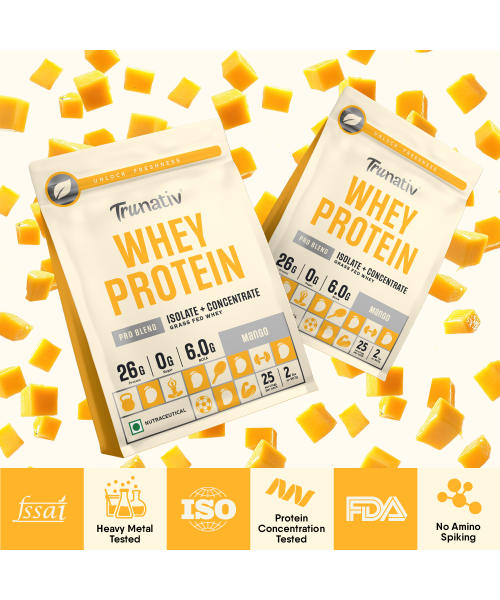 TruNativ: Whey protein powder | Blend with Isolate and Concentrate | 26g Protein | 6g BCAA | No added Sugar | Mango (907g / 2lbs)