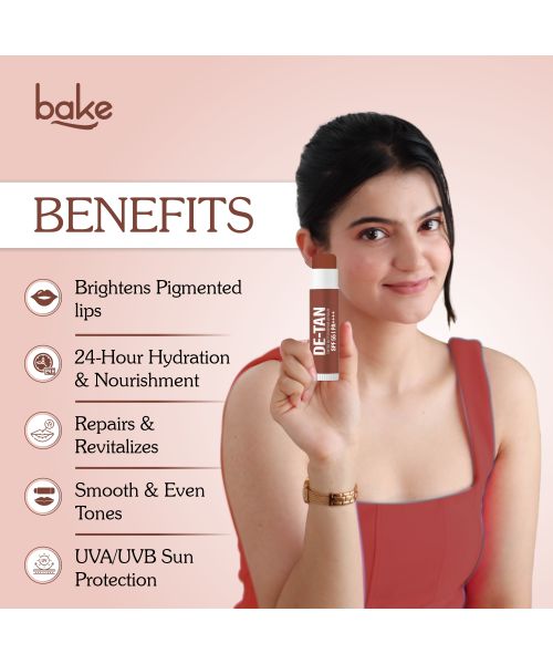 Bake Cosmetics: De-Tan Tinted Butter Lip Balm SPF 55 PA++++ with Kojic Acid, Alpha Arbutin & Lactic Acid 24 Hours Moisturization 5ml
