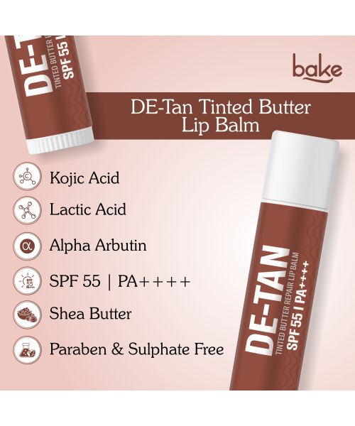 Bake Cosmetics: De-Tan Tinted Butter Lip Balm SPF 55 PA++++ with Kojic Acid, Alpha Arbutin & Lactic Acid 24 Hours Moisturization 5ml