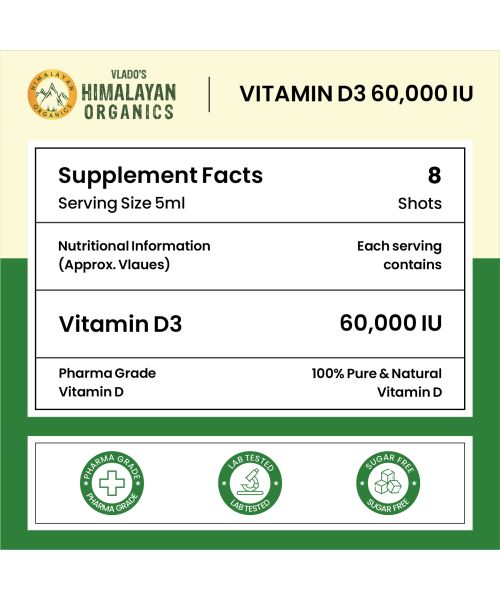 Vlado's Himalayan Organics: Vitamin D3 60000 IU Shots | Cholecalciferol Vitamin D3 60000 IU Supplement 5ml Each bottle - Orange Flavour - (Pack of 8)