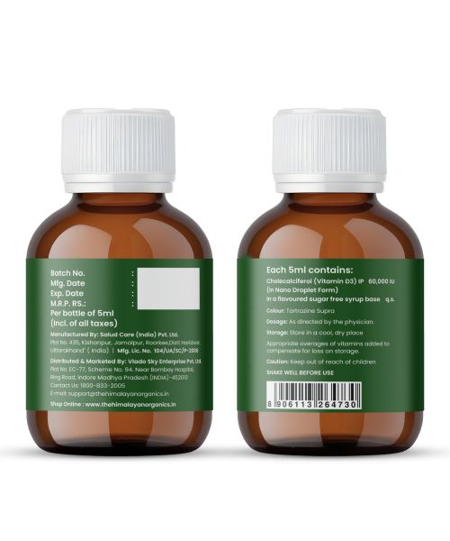 Vlado's Himalayan Organics: Vitamin D3 60000 IU Shots | Cholecalciferol Vitamin D3 60000 IU Supplement 5ml Each bottle - Orange Flavour - (Pack of 8)