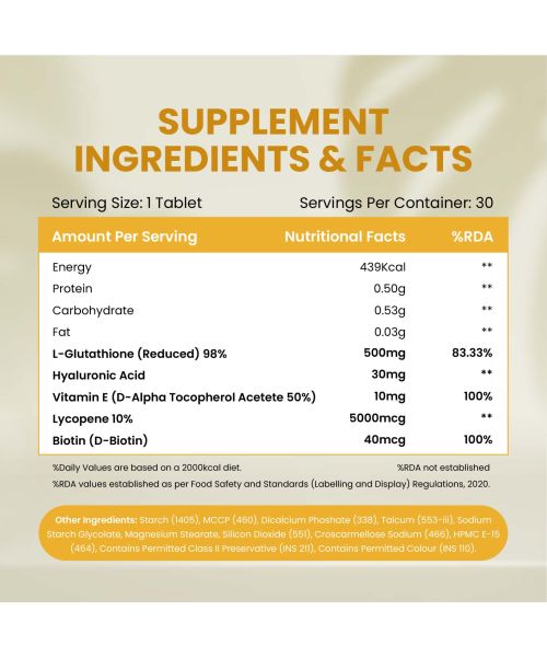 Vlado's Himalayan Organics: L-Glutathione Reduced + With Hyaluronic Acid Vitamin E + Biotin - 30 Veg Tablets