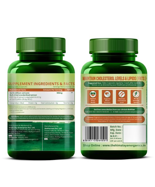 Vlado's Himalayan Organics: Garlic 500Mg Supplement | Extract (1:13) Allium Sativum - 2% - 60 Veg Capsules