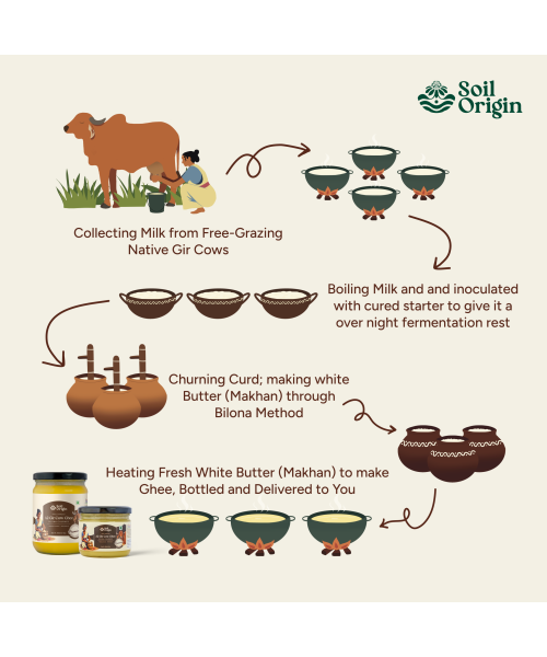 Soil Origin: A2 Gir Cow Ghee (Bilona Churned)  250ml