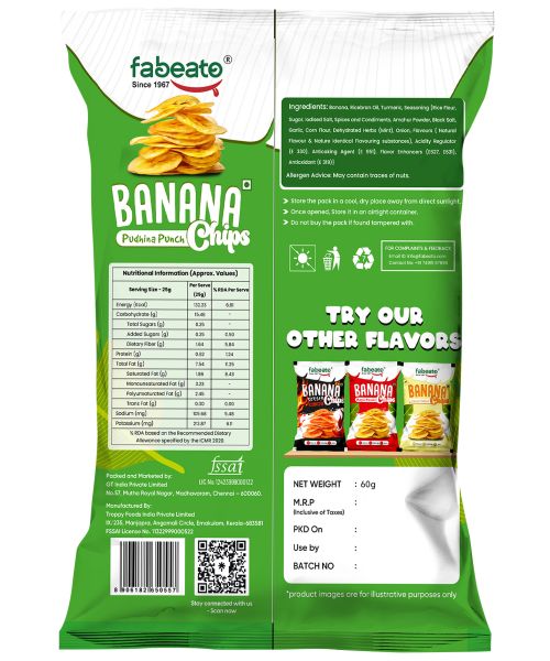 Fabeato: Banana Chips Pudhina Punch Flavor No Palm Oil, No MSG, 70gm  Pack of 3