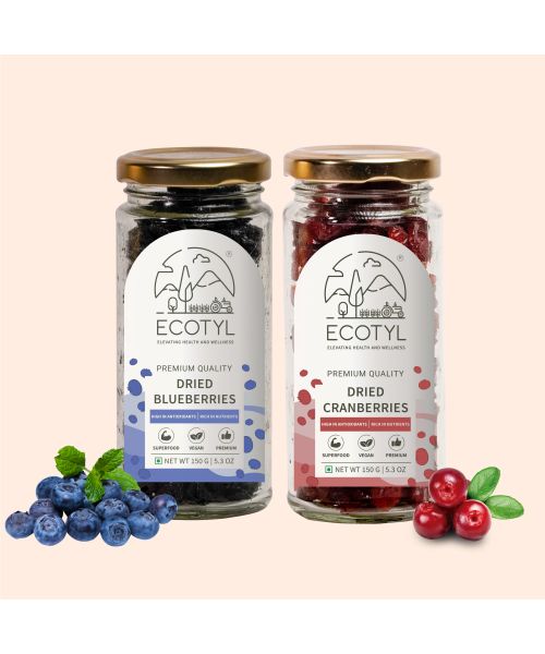 Ecotyl: Blueberres & Dried Cranberries Combo | Healthy Snacks | Dried Fruits | 150gm Each