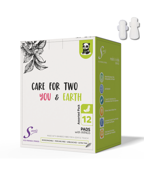 Saathi: Compostable Bamboo Pads - Gentle on Skin   Pack of 12 X 1 - 12 Pads (6 XL + 6 ON)