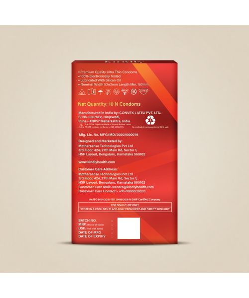 Kindly Health: Tease Ultra Thin Strawberry flavour Condoms for Men, Pack of 10 