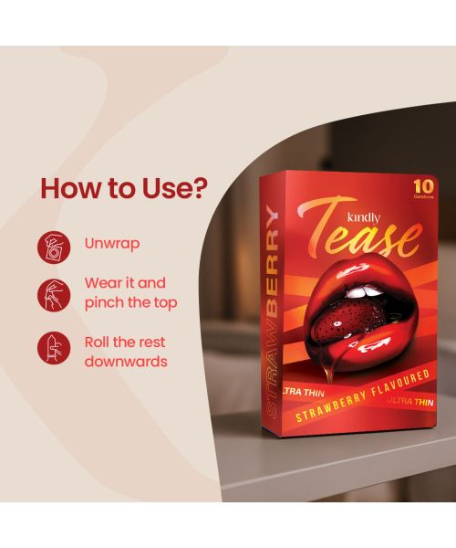Kindly Health: Tease Ultra Thin Strawberry flavour Condoms for Men, Pack of 10 