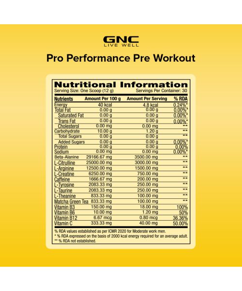 GNC: Pro Performance Pre-Workout | Boosts Energy & Endurance |   1.5gm L-Arginine | 3.5gm Beta-Alanine | 0.2gm Caffeine |Lemon | 360gm