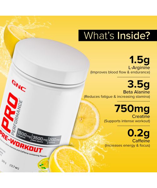 GNC: Pro Performance Pre-Workout | Boosts Energy & Endurance |   1.5gm L-Arginine | 3.5gm Beta-Alanine | 0.2gm Caffeine |Lemon | 360gm