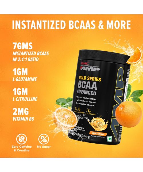 GNC: AMP Gold Series BCAA Advanced | Fastest Muscle Recovery | Tangy Orange | 400gm