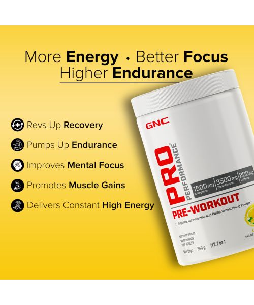 GNC: Pro Performance Pre-Workout | Boosts Energy & Endurance |   1.5gm L-Arginine | 3.5gm Beta-Alanine | 0.2gm Caffeine |Lemon | 360gm