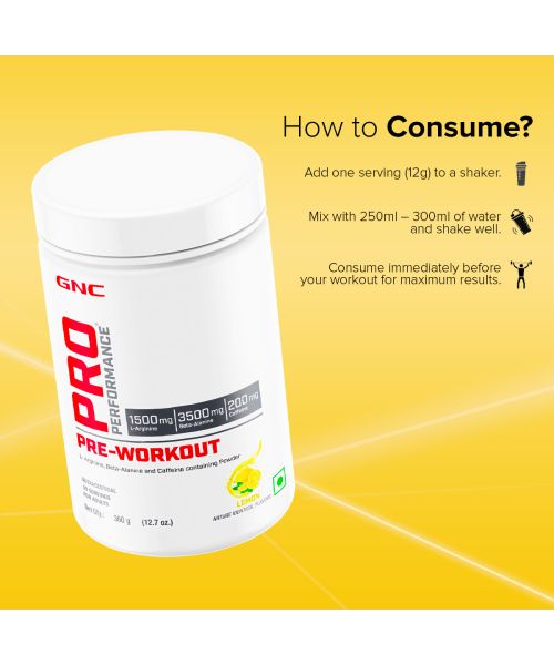 GNC: Pro Performance Pre-Workout | Boosts Energy & Endurance |   1.5gm L-Arginine | 3.5gm Beta-Alanine | 0.2gm Caffeine |Lemon | 360gm