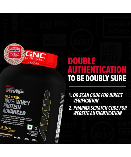 GNC: AMP Gold Series 100% Whey Protein Advanced  | 24gm Protein | 5.5gm BCAA | 4gm Glutamine | Double Rich Chocolate | 4 lbs