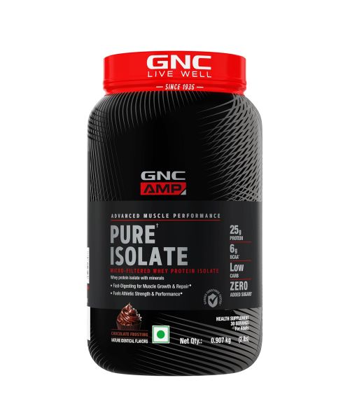 GNC: AMP Pure Isolate Low Carb | Boosts Athletic Performance | 25gm Protein | 6gm BCAA | Chocolate Frosting | 2 lbs