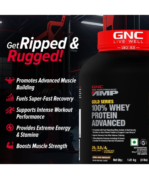 GNC: AMP Gold Series 100% Whey Protein Advanced  | 24gm Protein | 5.5gm BCAA | 4gm Glutamine | Double Rich Chocolate | 4 lbs