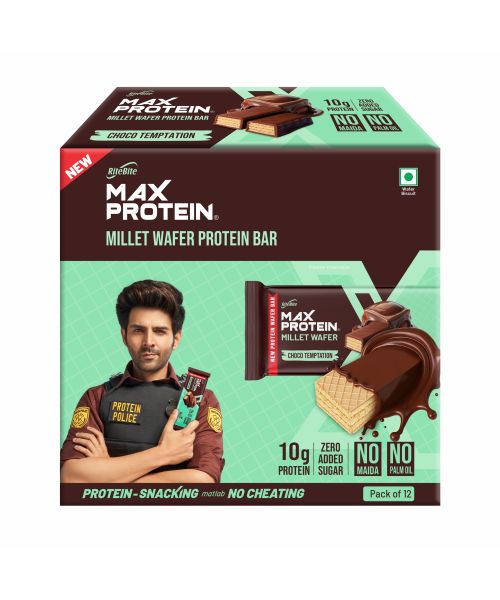 RiteBite Max Protein: RiteBite Max Protein Wafer Bars with Millets, Choco Temptation (Pack of 12), 10g Protein, No Maida, No Palm Oil, Zero Added Sugar, Healthy Wafer Snack, 480gm