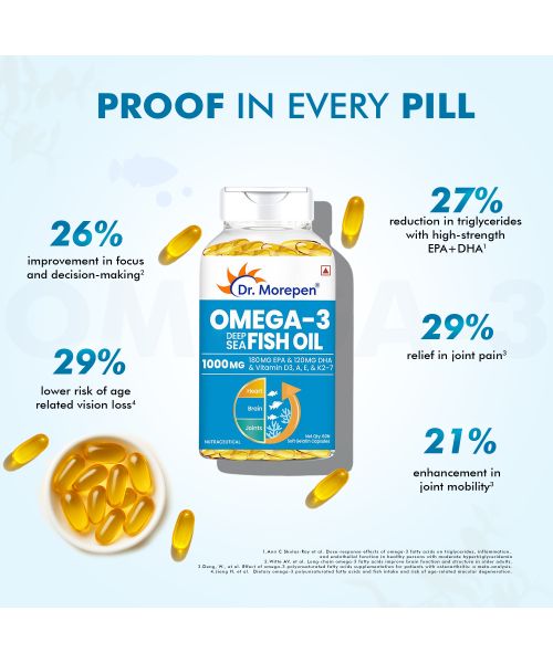 Dr. Morepen: Omega 3 Deep Sea Fish oil for Heart, Brain & Joints, 1000 mg Omega with 300 mg DHA with Vitamin A, D3, E & K27 | 60 Softgel Pack of 2
