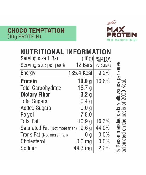RiteBite Max Protein: RiteBite Max Protein Wafer Bars with Millets, Choco Temptation (Pack of 12), 10g Protein, No Maida, No Palm Oil, Zero Added Sugar, Healthy Wafer Snack, 480gm