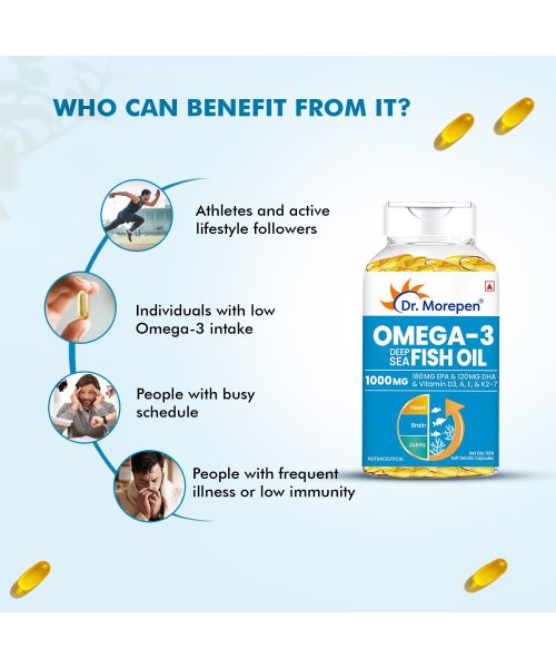Dr. Morepen: Omega 3 Deep Sea Fish oil for Heart, Brain & Joints, 1000 mg Omega with 300 mg DHA with Vitamin A, D3, E & K27 | 60 Softgel Pack of 2