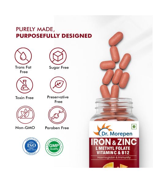 Dr. Morepen: Iron & Zinc Tablets - Immunity & Hemoglobin Booster - 60 Tablets