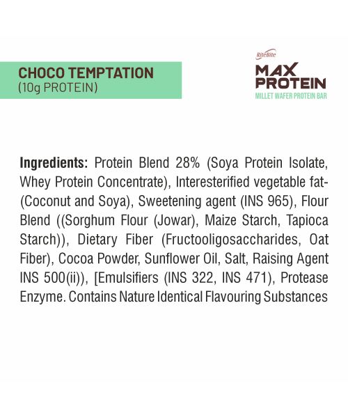 RiteBite Max Protein: RiteBite Max Protein Wafer Bars with Millets, Choco Temptation (Pack of 12), 10g Protein, No Maida, No Palm Oil, Zero Added Sugar, Healthy Wafer Snack, 480gm