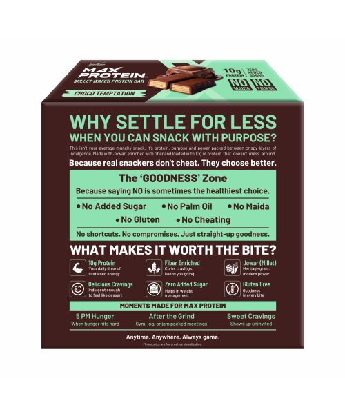 RiteBite Max Protein: RiteBite Max Protein Wafer Bars with Millets, Choco Temptation (Pack of 12), 10g Protein, No Maida, No Palm Oil, Zero Added Sugar, Healthy Wafer Snack, 480gm