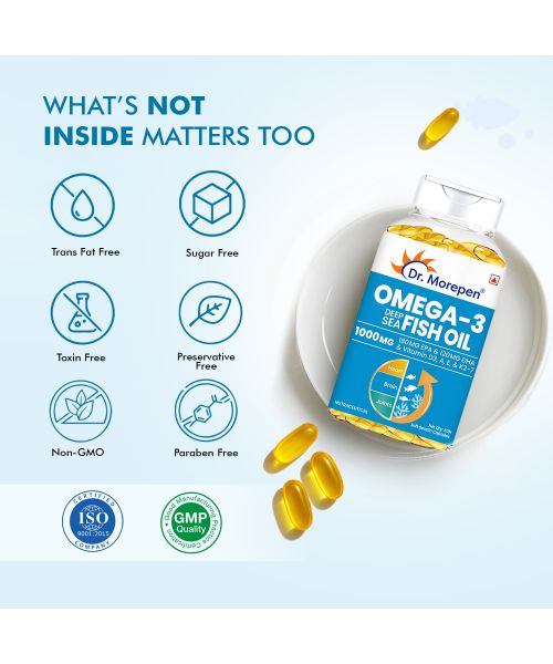 Dr. Morepen: Omega 3 Deep Sea Fish oil for Heart, Brain & Joints, 1000 mg Omega with 300 mg DHA with Vitamin A, D3, E & K27 | 60 Softgel Pack of 2