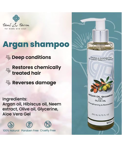 Teal and Terra: Shampoo With Argan Oil, Olive Oil For Hair Strengthening & Restoration - 200ml