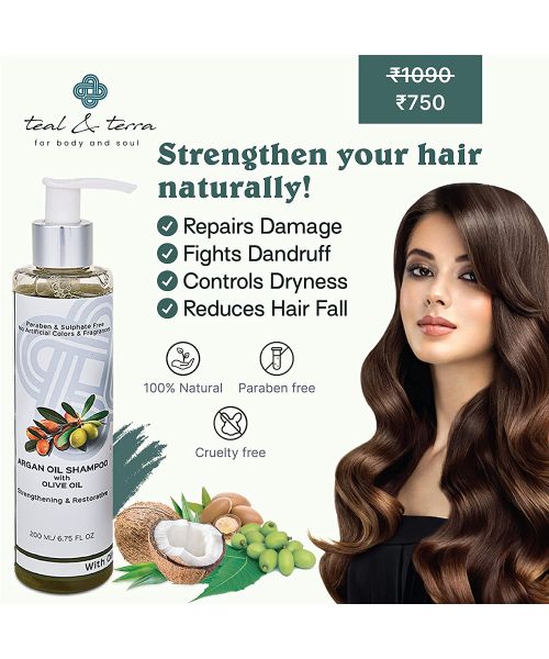 Teal and Terra: Shampoo With Argan Oil, Olive Oil For Hair Strengthening & Restoration - 200ml