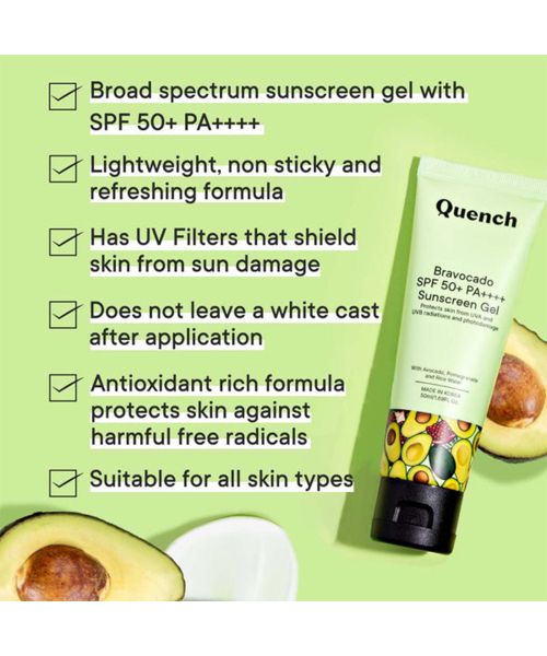Quench Botanics: Bravocado SPF 50+ PA++++ Sunscreen gel | Korean Skin care - 50ml