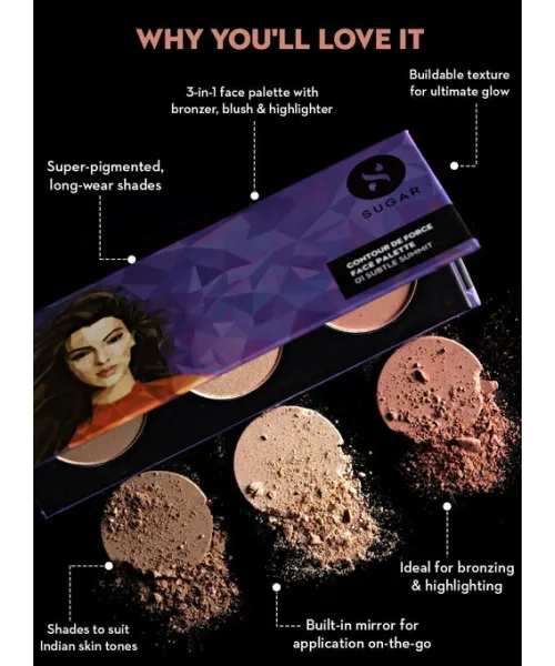 Sugar Cosmetics : Contour De Force - Face Palette with Lightweight Blush, Highlighter And Bronzer - 01 Subtle Summit -12gm