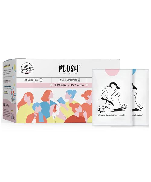 Plush: 100% Pure US Cotton Ultra-Thin Rash Free & Soft Natural Sanitary Pads for Women - 30 Pads (16 Light Flow Pads, 14 Heavy Flow Pads And 2 Panty Liners)