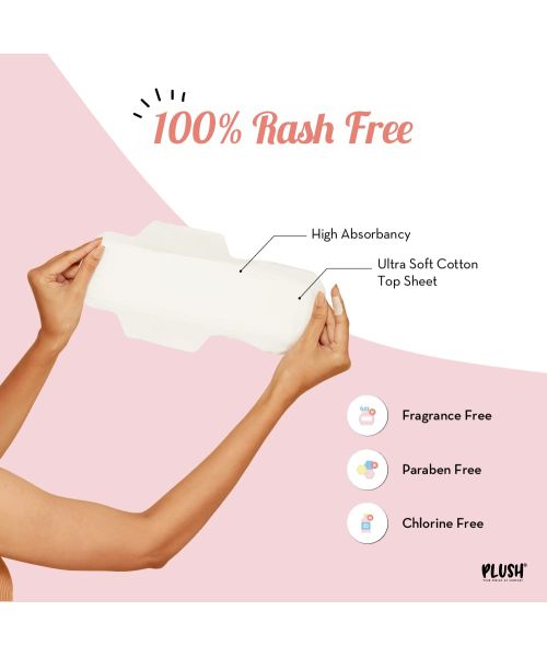 Plush: 100% Pure US Cotton Ultra-Thin Rash Free & Soft Natural Sanitary Pads for Women - 30 Pads (16 Light Flow Pads, 14 Heavy Flow Pads And 2 Panty Liners)