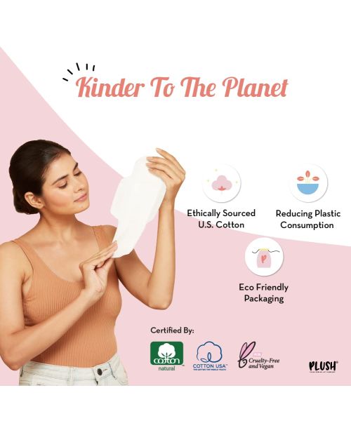 Plush: 100% Pure US Cotton Ultra-Thin Rash Free & Soft Natural Sanitary Pads for Women - 30 Pads (16 Light Flow Pads, 14 Heavy Flow Pads And 2 Panty Liners)