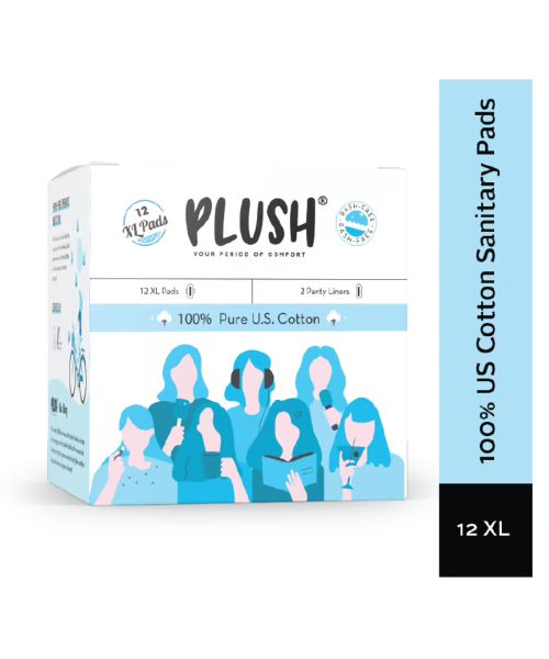 Plush: 100% Pure US Cotton Ultra-Thin Rash Free Natural Sanitary Pads for Women (12 XL Sanitary Pads and 2 Panty Liners)