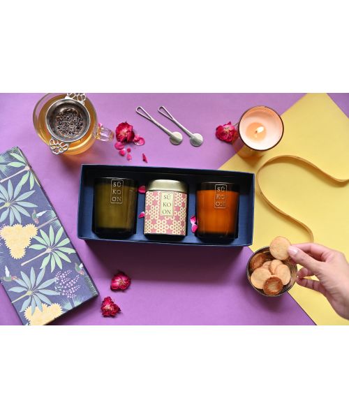 Sukoon: Gift Set- 2 scented candles and 1 tea