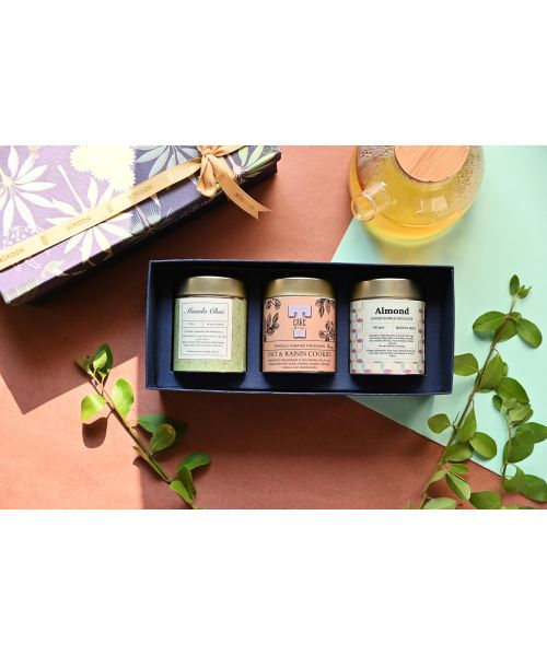 Sukoon: Delectable Set - Set of Green Tea, Chocolate coated Nuts and Cookies