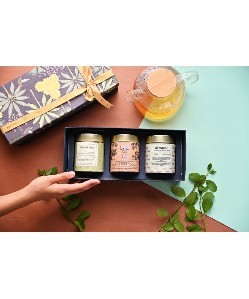 Sukoon: Delectable Set - Set of Green Tea, Chocolate coated Nuts and Cookies