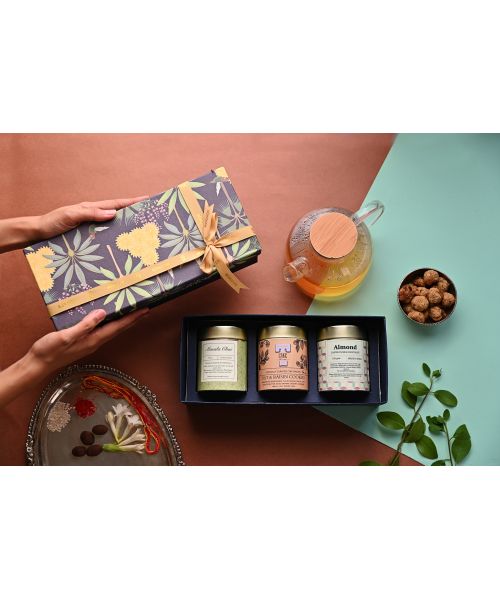 Sukoon: Delectable Set - Set of Green Tea, Chocolate coated Nuts and Cookies