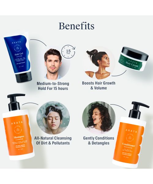 Arata: Natural Hair Care Essentials With Cleansing Shampoo, Conditioner, Hair Gel & Hair Cream