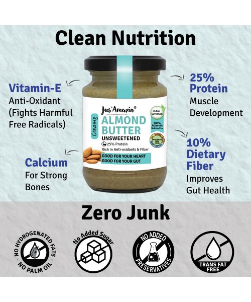 Jus Amazin: Creamy Almond Butter - Unsweetened - 125 gm