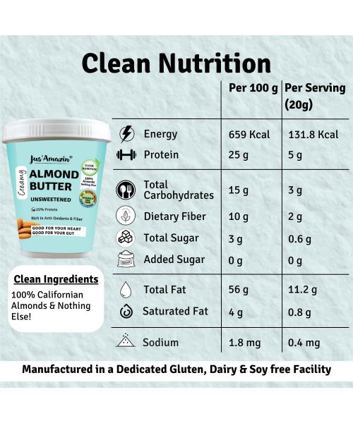 Jus Amazin: Creamy Almond Butter - Unsweetened - 1 kg