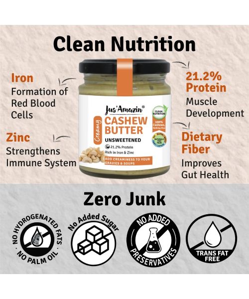Jus Amazin: Creamy Cashew Butter - Unsweetened - 200 gm