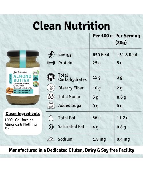 Jus Amazin: Creamy Almond Butter - Unsweetened - 125 gm