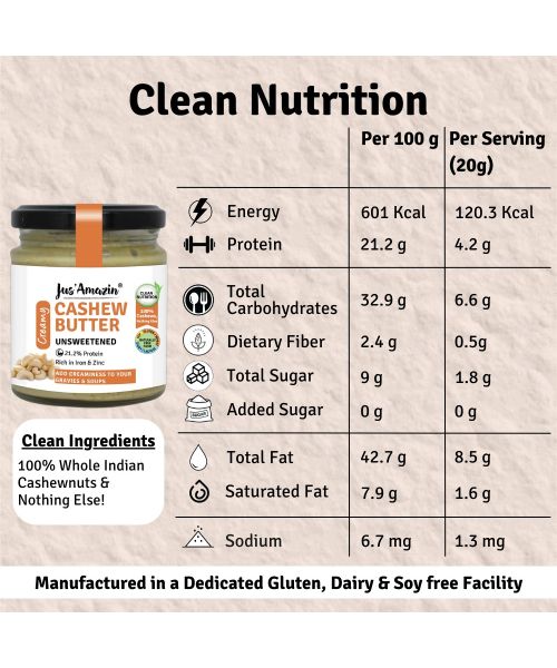 Jus Amazin: Creamy Cashew Butter - Unsweetened - 200 gm